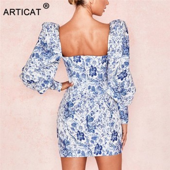 Floral Print Puff Sleeve Mini Autumn Dress Women Vintage Bodycon Sexy Party Dress Backless
